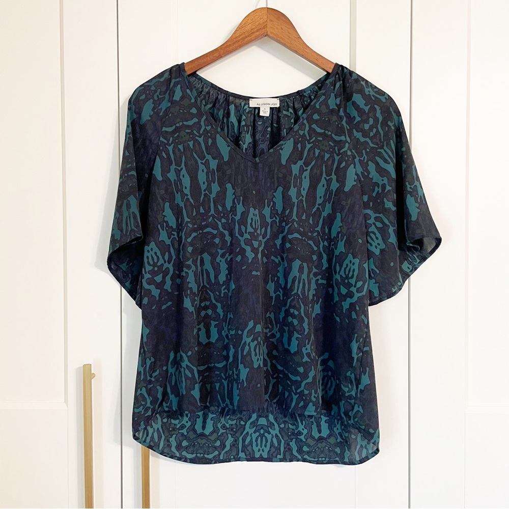 Allison Joy Teal and Black Printed Short Sleeve Blouse
